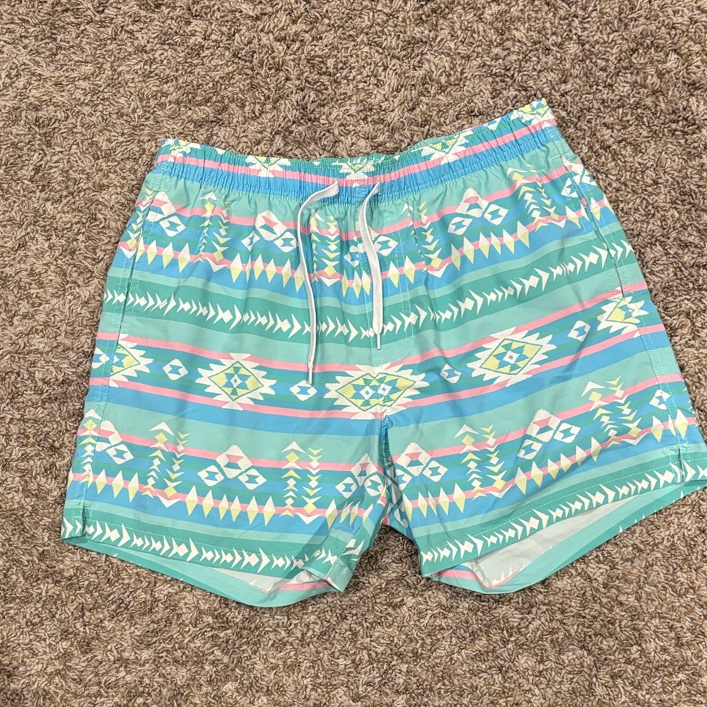 5.5” Aztec Patterned Swim Trunks in Green and Blue